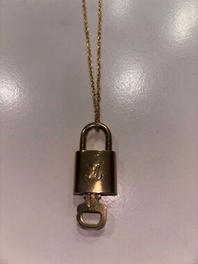 Louis Vuitton Gold Padlock Charm Necklace with Key Detail